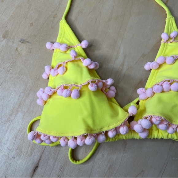 PILYQ Yellow Pom Pom Triangle Bikini Top Womens M - Picture 3 of 8